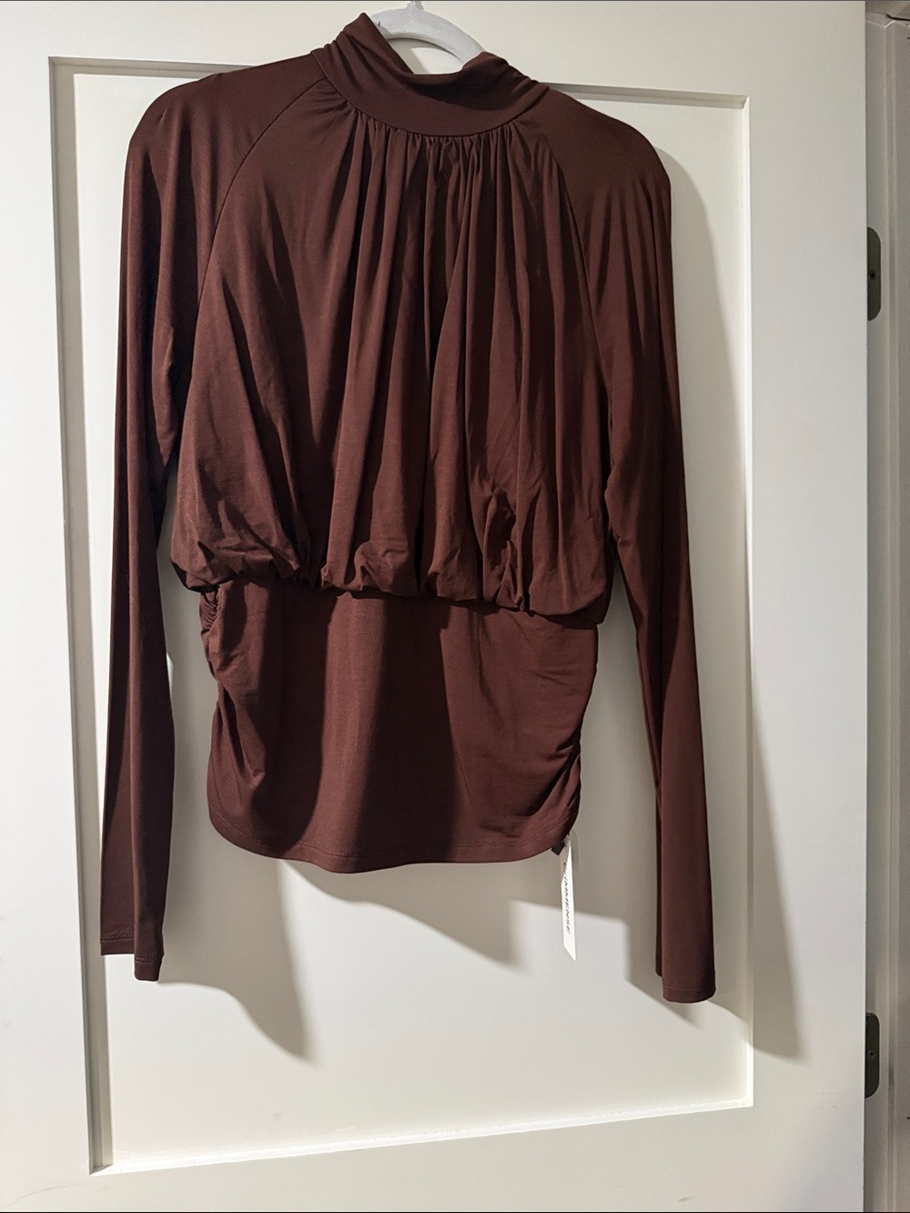 Commense Neck Long-Sleeve Blouson Top in Deep Brown, NWT